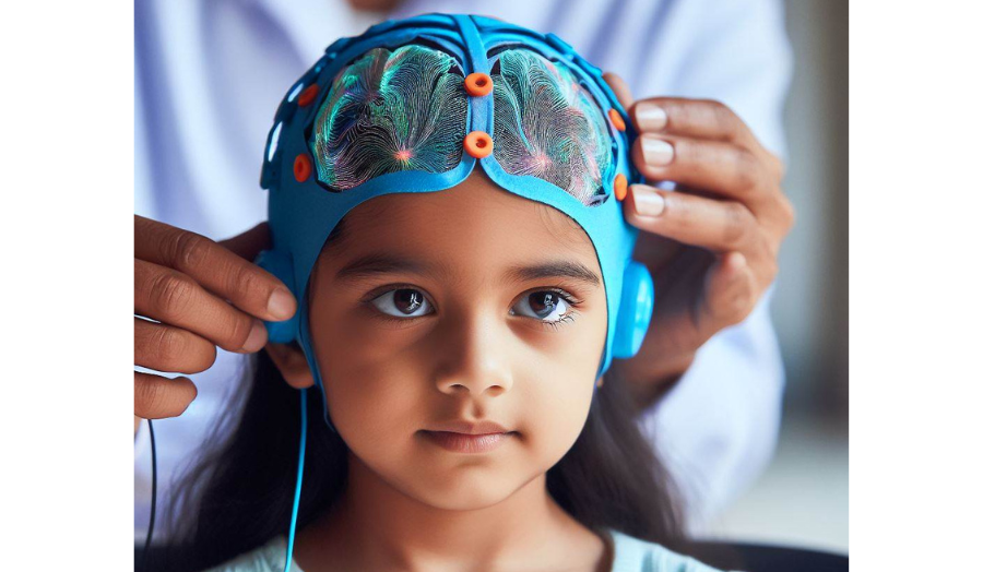 A child wearing an EEG monitor