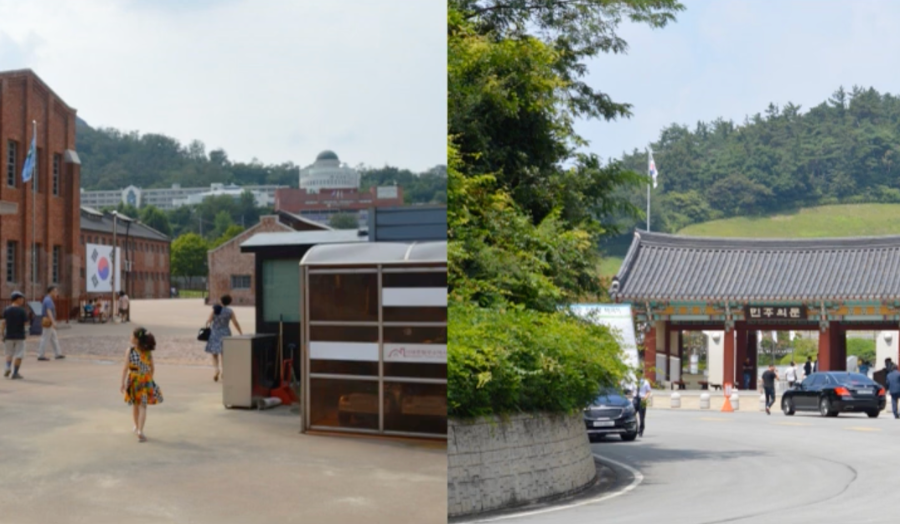 Left image: a brick building and people walking around, right image: people going through gates.