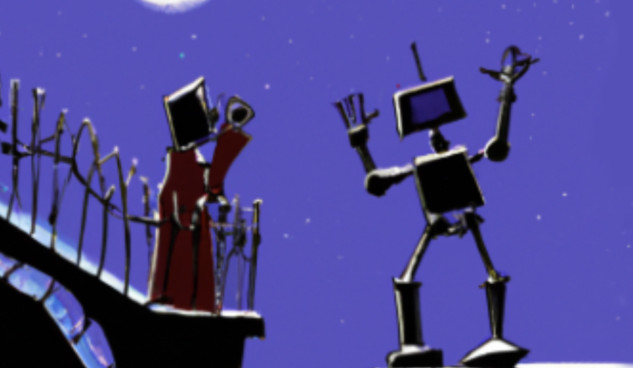 Dall-E generated image of Romeo and Juliet as robots on balconies in the moonlight.