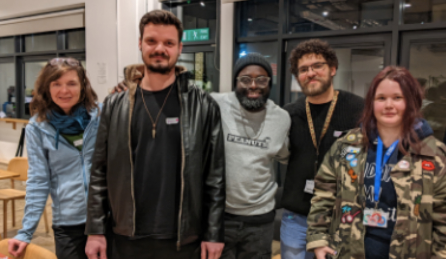 Dr Fiona French and Andre Smith with students Isaac, Cameron and Atena at the Game Jam.