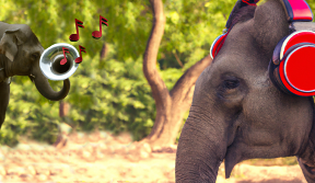 Dall-E generated image showing Asian elephant wearing large red headphones in a natural environment