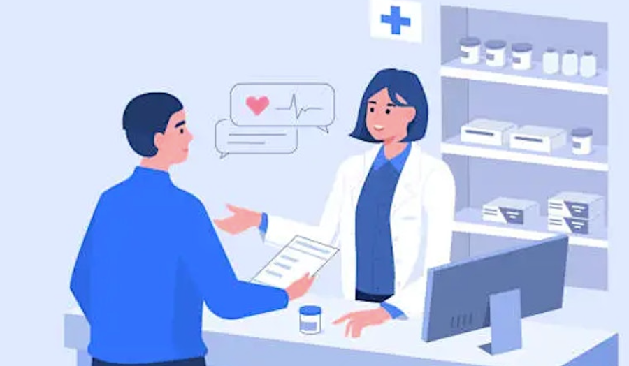 A drawing of a pharmacist answering customer's questions