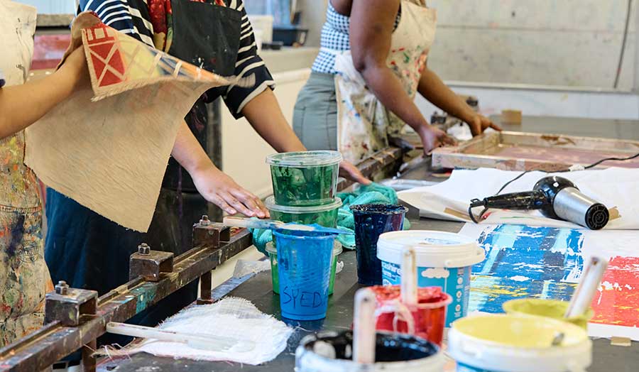 A close up of textiles and paints