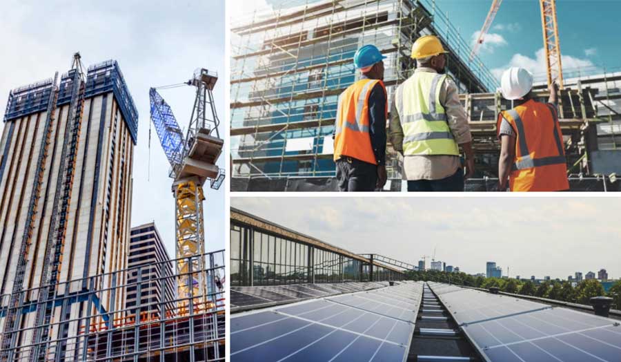 A collage of images showing people on a building site, a tower under construction, and urban solar panels