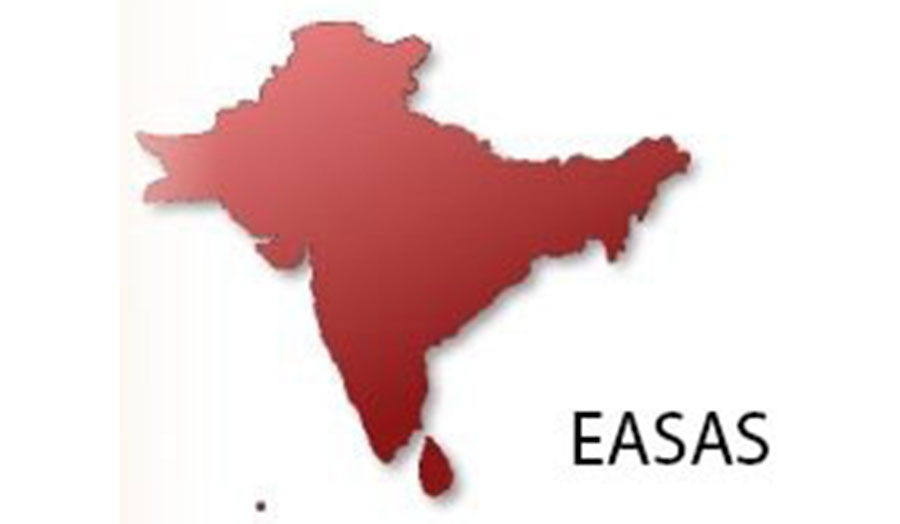 A contour of an Indian Peninsula in red with acronym EASAS in the right bottom corner