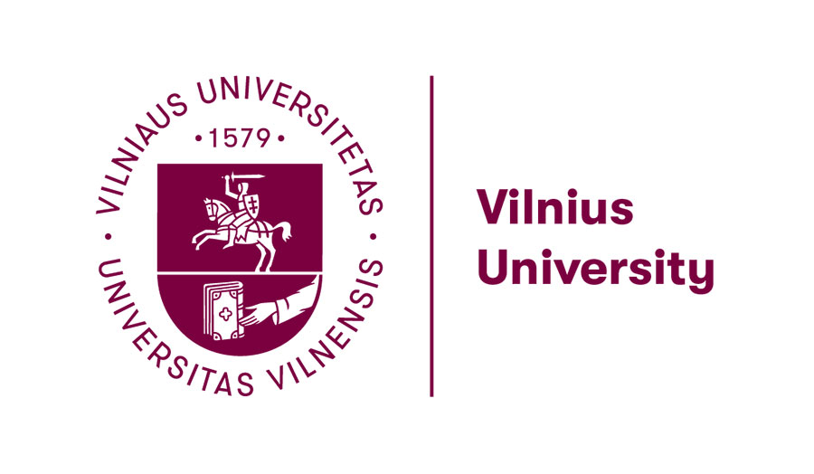 Vilnius University circular emblem with white armored knight on horseback holding a sword and a hand reaching for a book