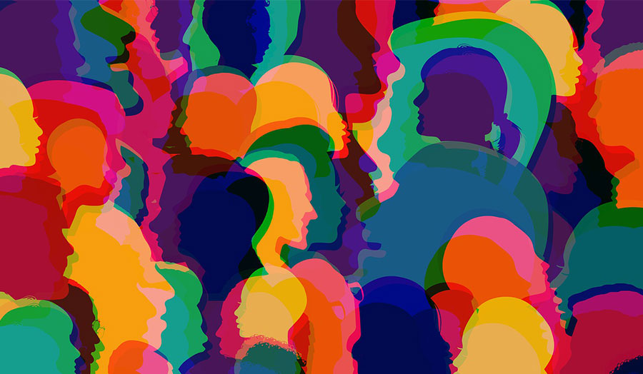 A multicoloured illustration showing silhouettes of different heads