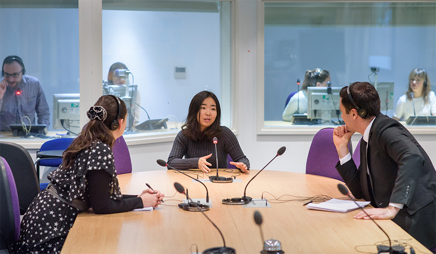 Students working in the interpreting suite