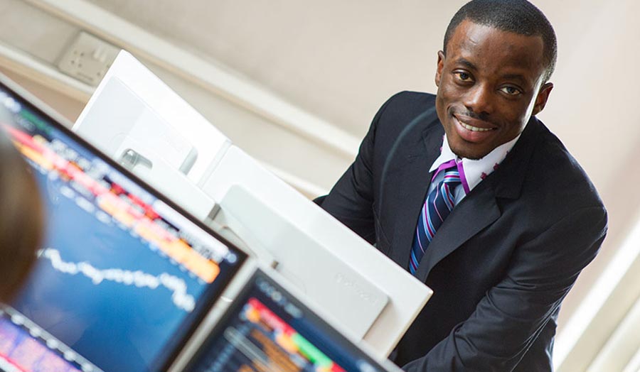Male student in the Bloomberg Room