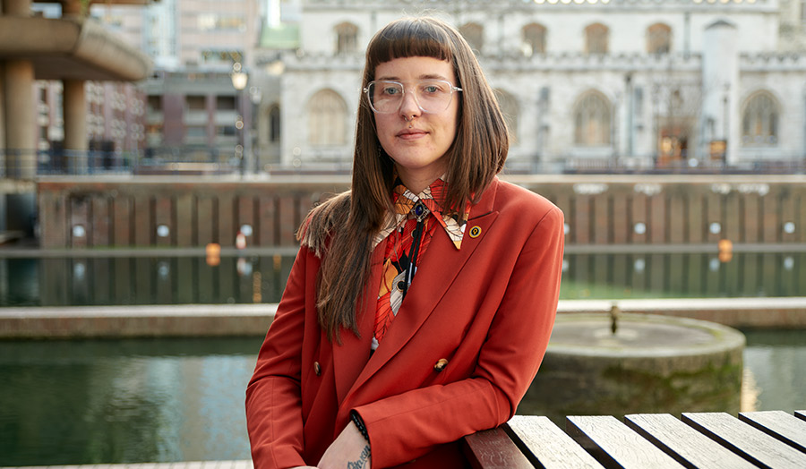 Michaela-Clare Addison outside the Barbican at graduation