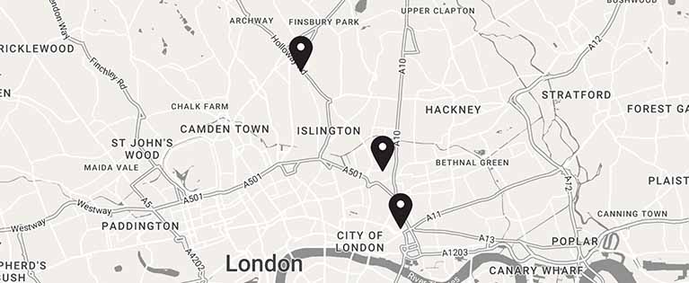 A map of London with pins for London Metropolitan University in Aldgate, Holloway and Shoreditch